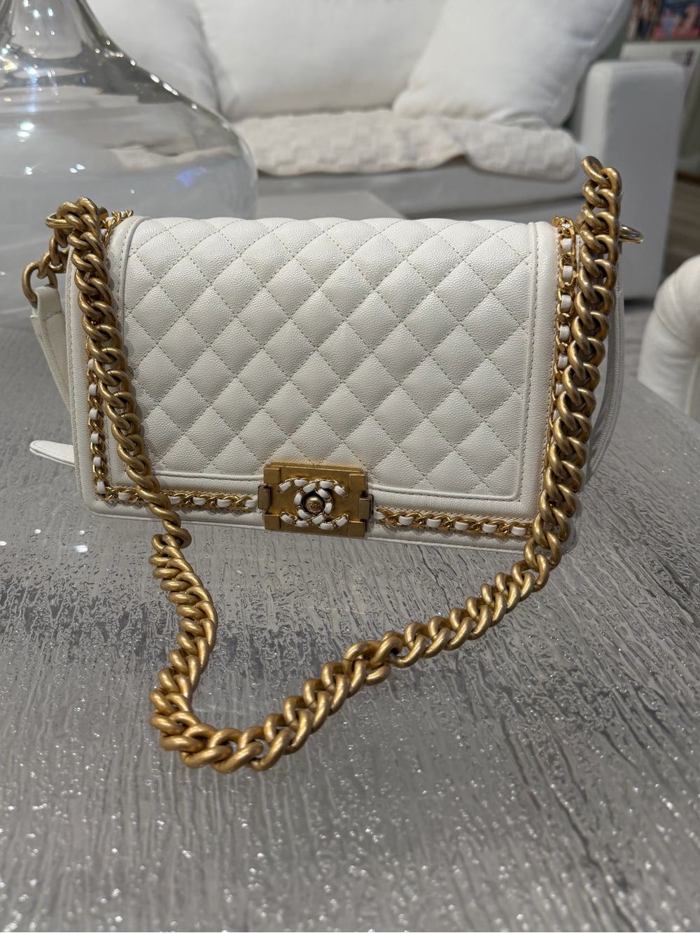 White Chanel boy bag with gold